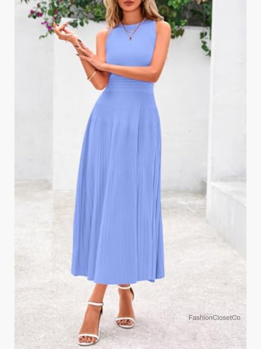 Sleeveless A-Line Pleated Midi Dress - Crew Neck Casual Cocktail Work Dress - Picture 4 of 7